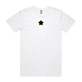 White unisex t-shirt with a black star set inside a cream 8-ball inspired circle, printed on the chest - front flat lay