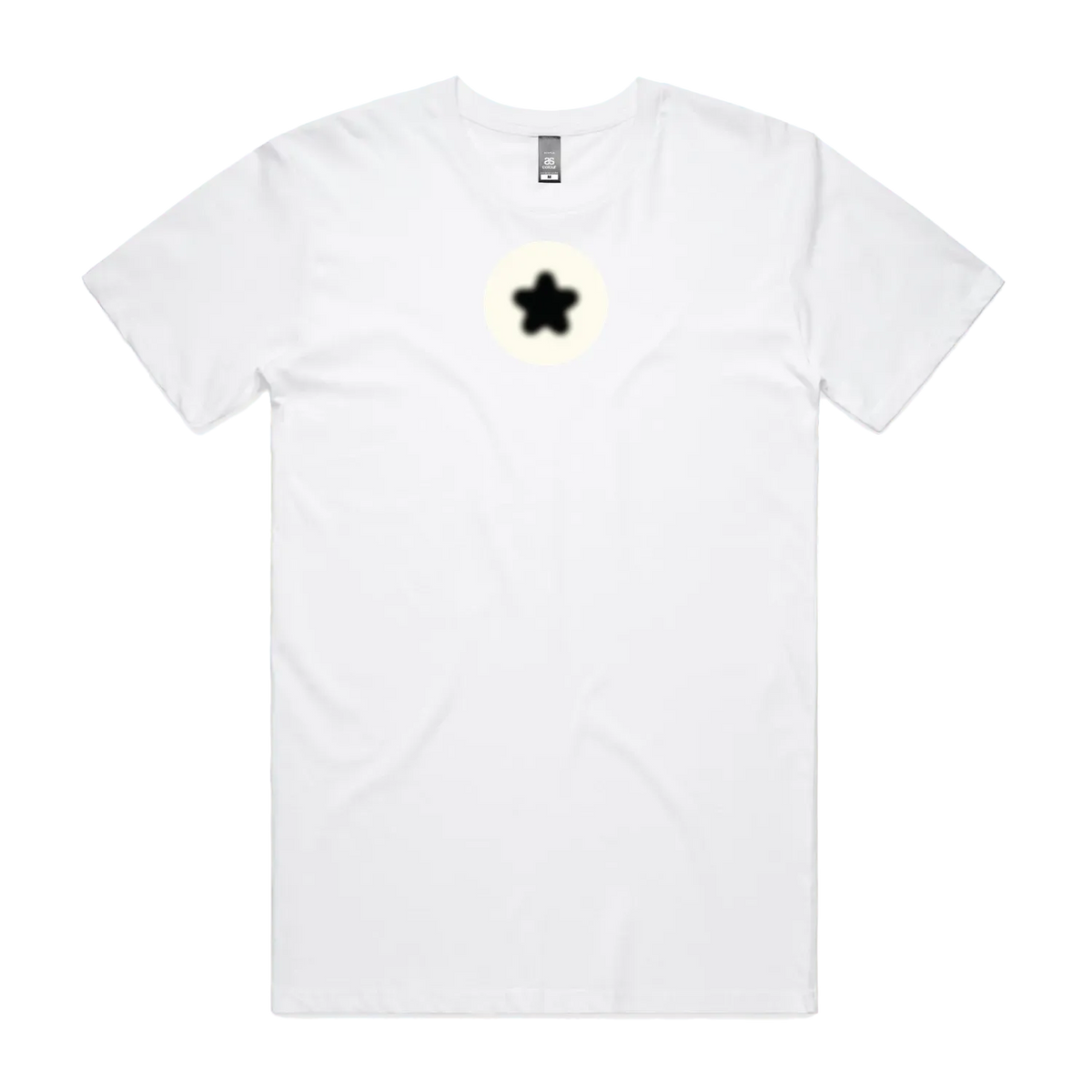 White unisex t-shirt with a black star set inside a cream 8-ball inspired circle, printed on the chest - front flat lay