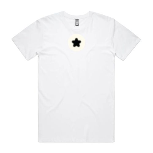 White unisex t-shirt with a black star set inside a cream 8-ball inspired circle, printed on the chest - front flat lay