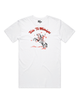 White unisex t-shirt with red "Ride 'Til Midnight" western cowboy graphic print - front flat lay