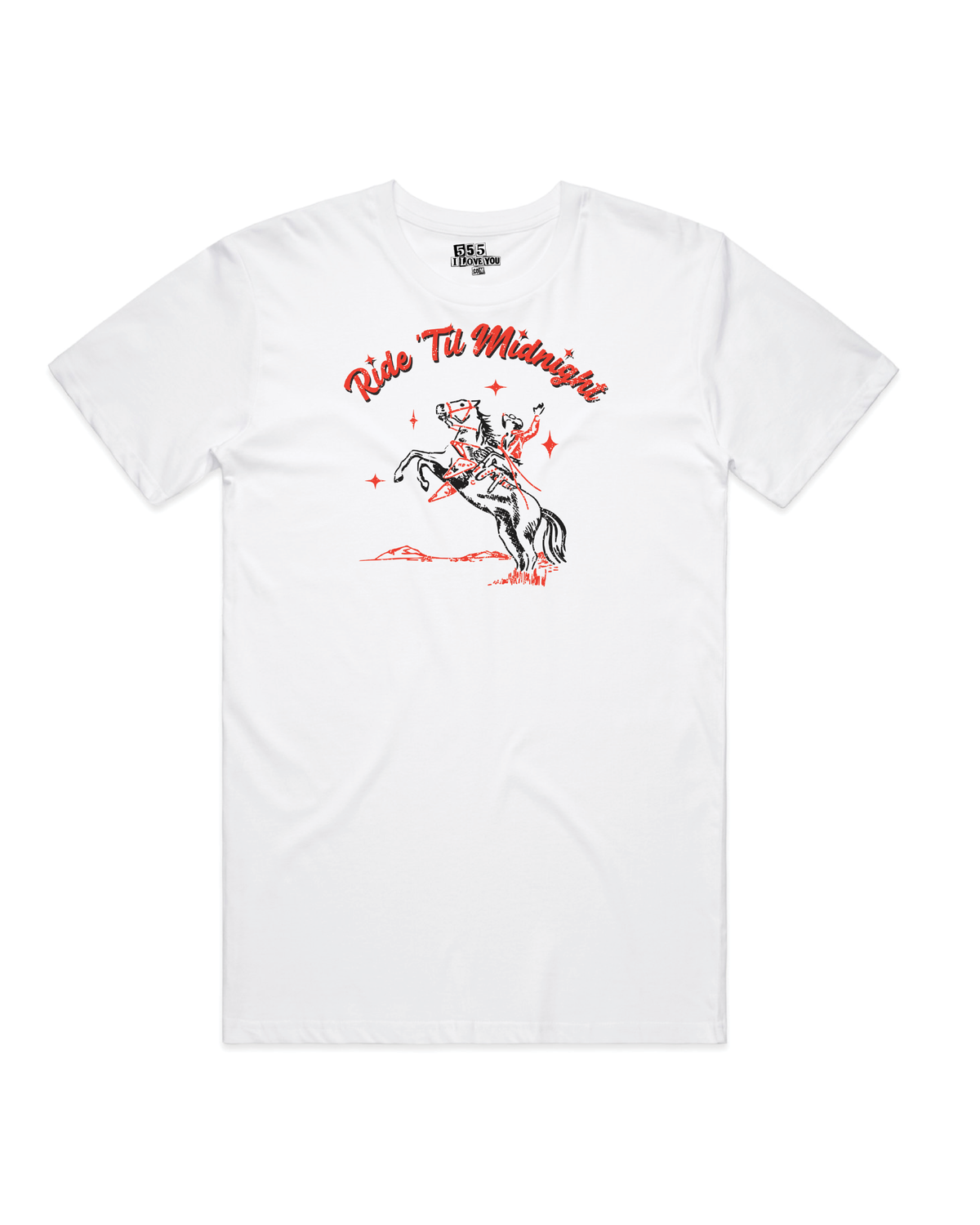 White unisex t-shirt with red "Ride 'Til Midnight" western cowboy graphic print - front flat lay
