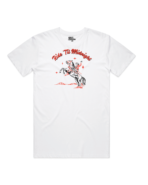 White unisex t-shirt with red "Ride 'Til Midnight" western cowboy graphic print - front flat lay